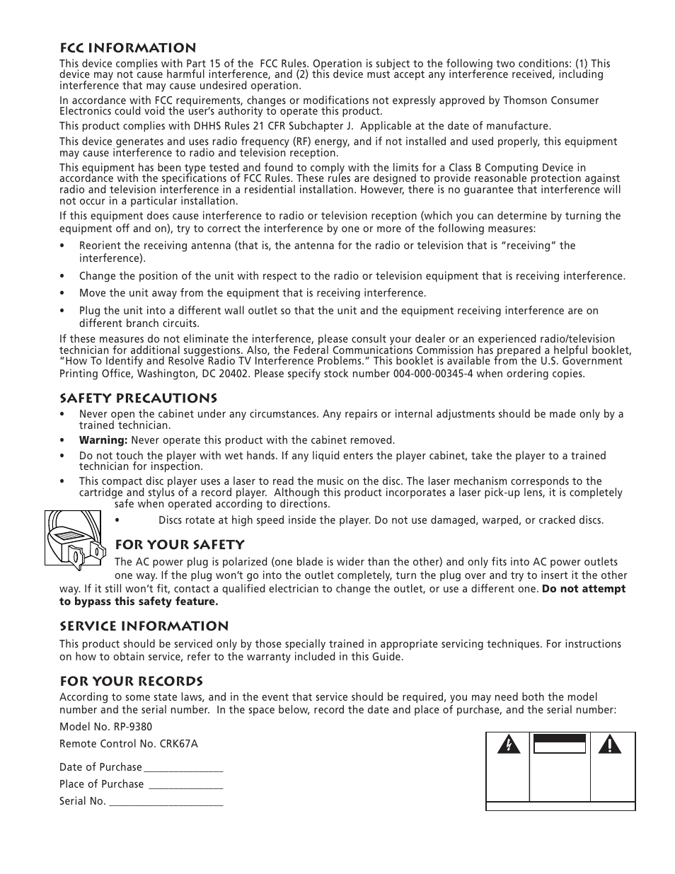 Fcc information, Safety precautions, For your safety | Service information, For your records | RCA RP-9380 User Manual | Page 2 / 32