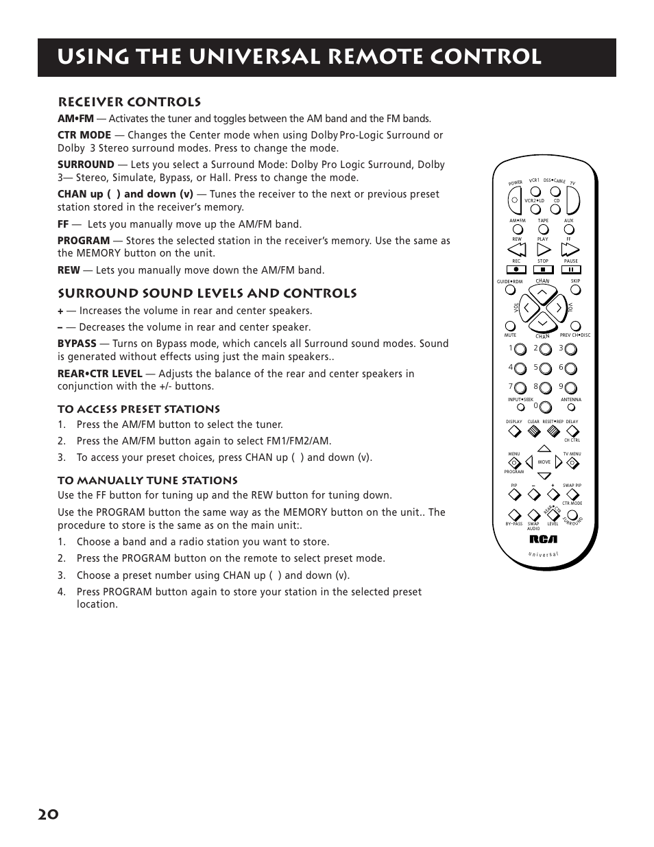 Using the universal remote control, Receiver controls, Surround sound levels and controls | Pro-logic surround or dolby | RCA RP-9380 User Manual | Page 22 / 32