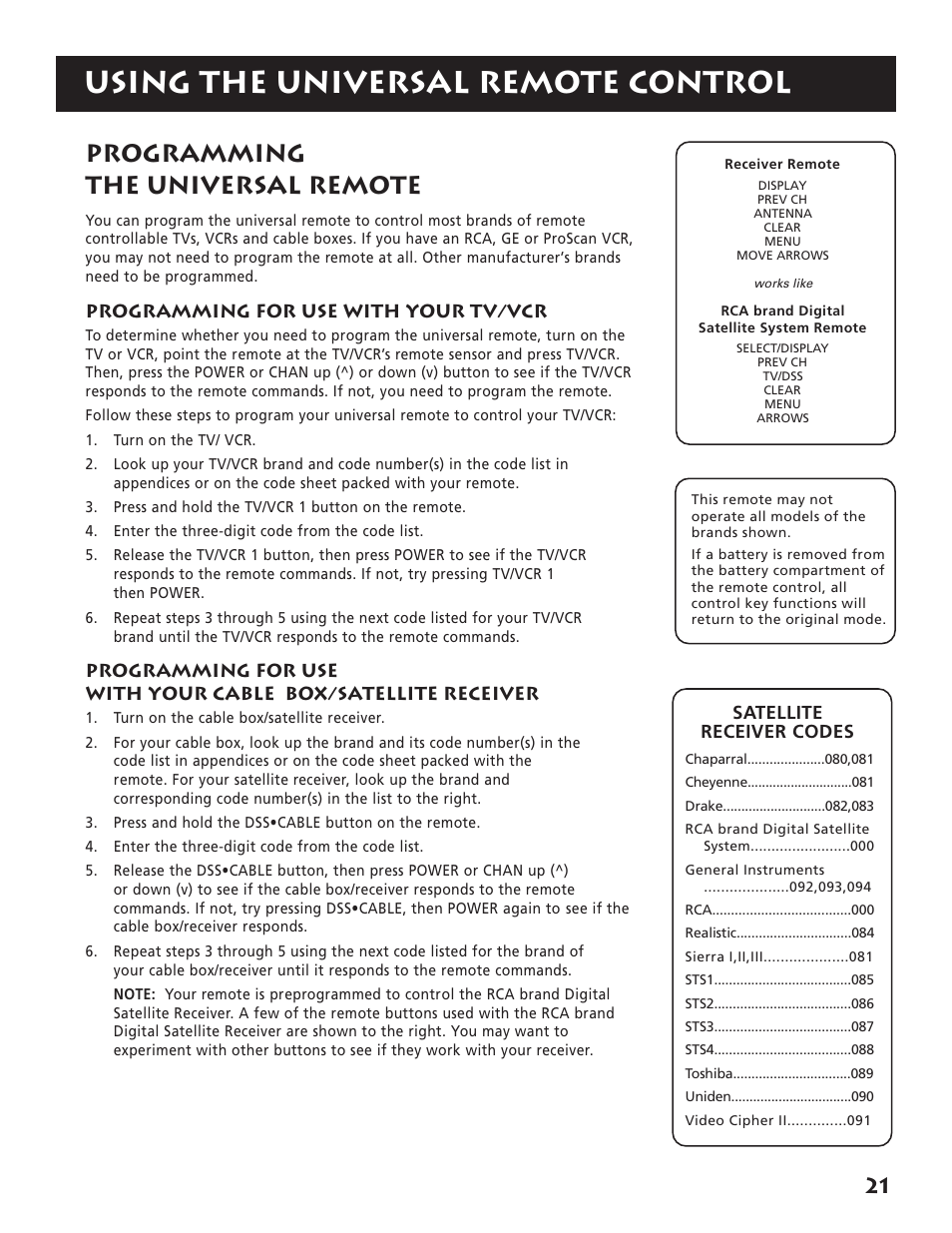 Using the universal remote control, Programming the universal remote | RCA RP-9380 User Manual | Page 23 / 32