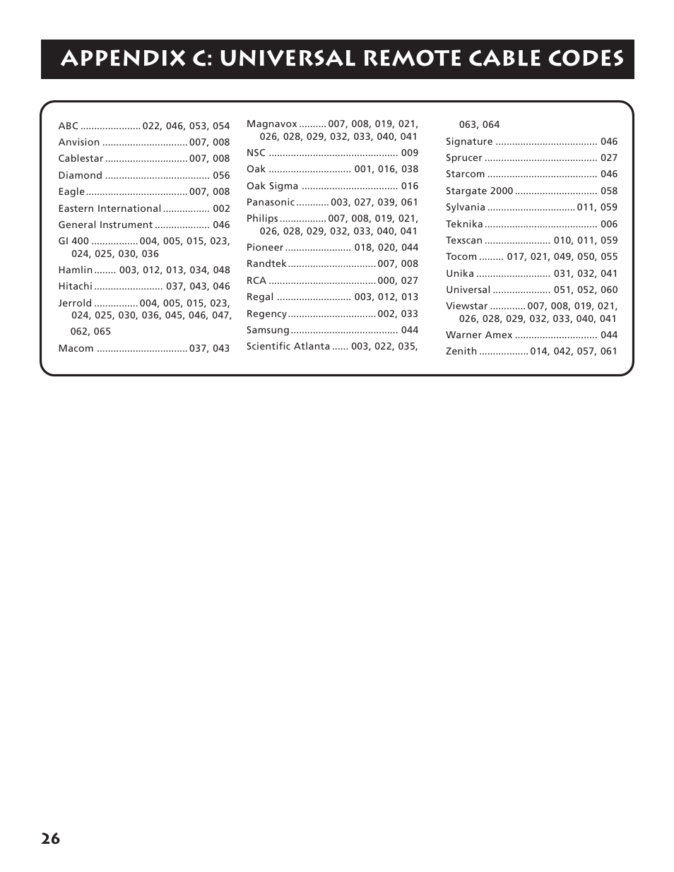 Appendix c: universal remote cable codes | RCA RP-9380 User Manual | Page 28 / 32