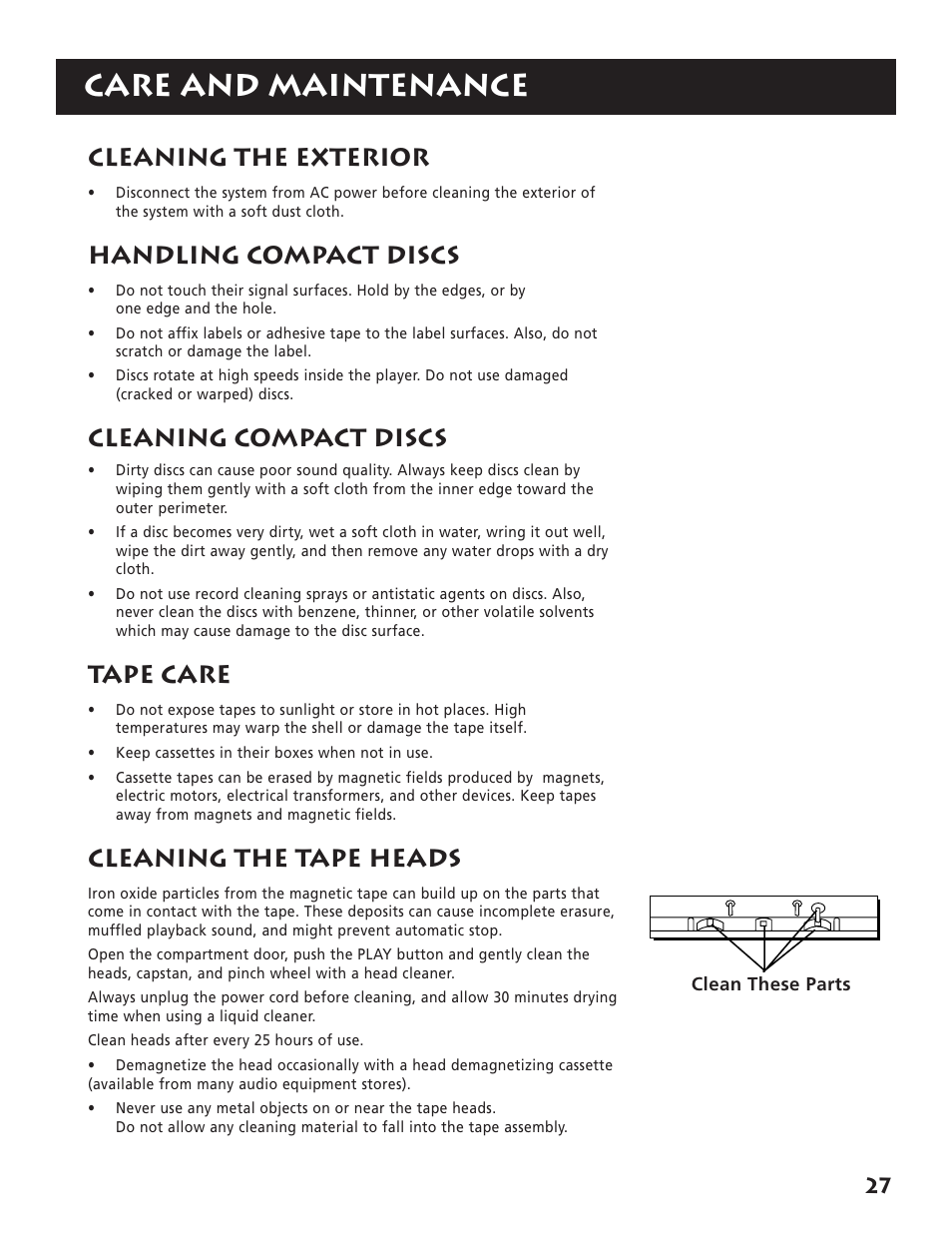 Care and maintenance, Cleaning the exterior, Handling compact discs | Cleaning compact discs, Tape care, Cleaning the tape heads | RCA RP-9380 User Manual | Page 29 / 32