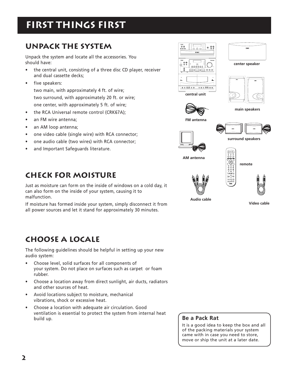 First things first, Unpack the system, Check for moisture | Choose a locale, Be a pack rat | RCA RP-9380 User Manual | Page 4 / 32