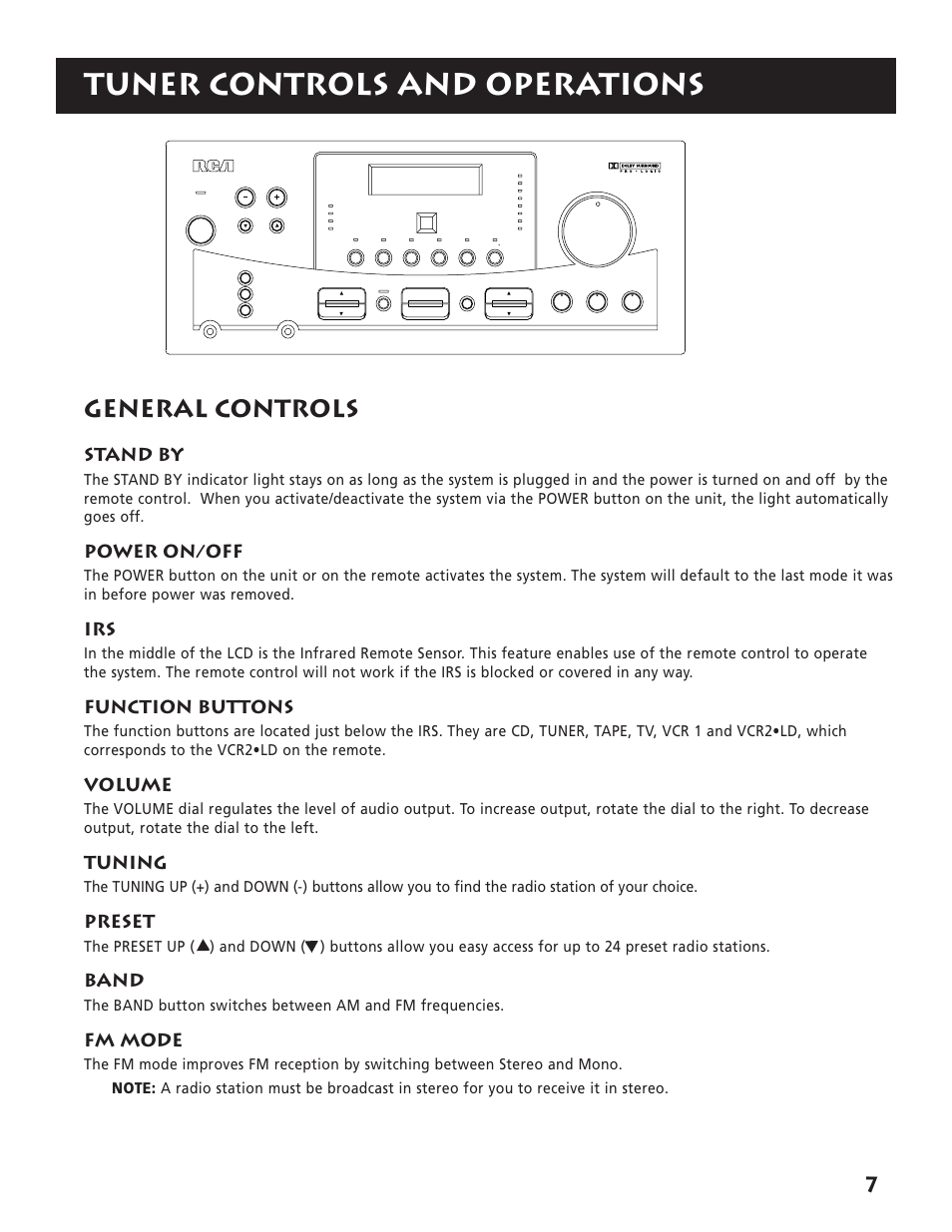 Tuner controls and operations, General controls, Stand by | Power on/off, Function buttons, Volume, Tuning, Preset, Band, Fm mode | RCA RP-9380 User Manual | Page 9 / 32