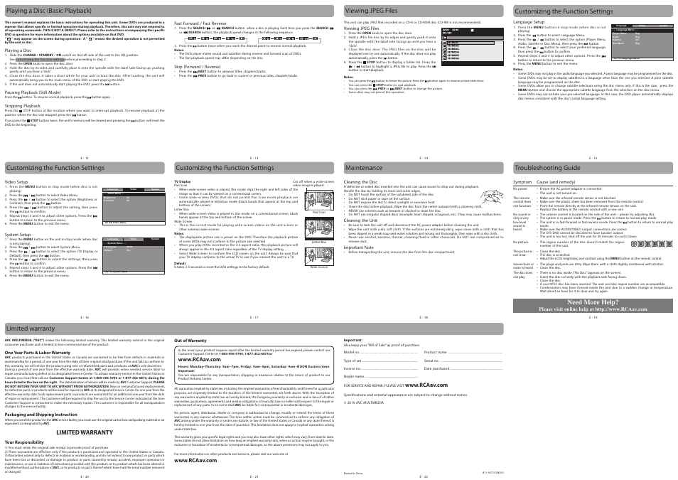 Need more help, Customizing the function settings, Maintenance | Limited warranty | RCA DRC99371E User Manual | Page 2 / 2
