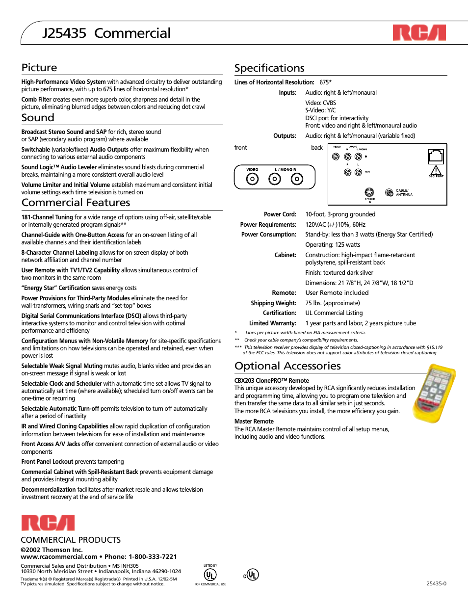 Specifications, Optional accessories, Picture | Sound, Commercial features, Commercial products | RCA J25435 User Manual | Page 2 / 2