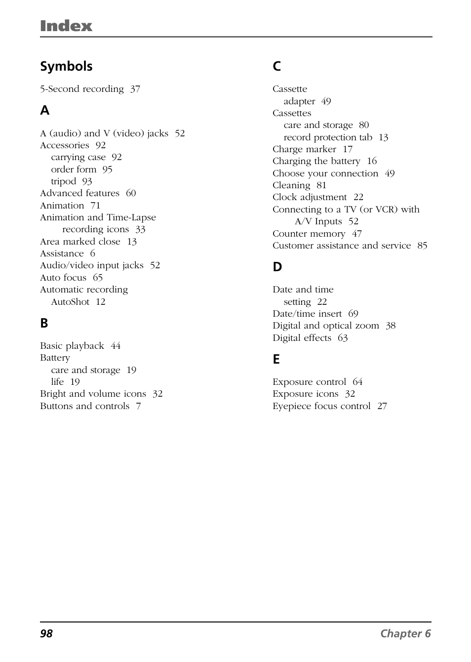 Index, Symbols | RCA CC6364/CC6374 User Manual | Page 100 / 104