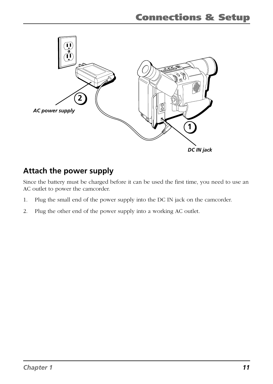 Attach the power supply, Connections & setup, Chapter 1 11 | Dc in jack ac power supply | RCA CC6364/CC6374 User Manual | Page 13 / 104