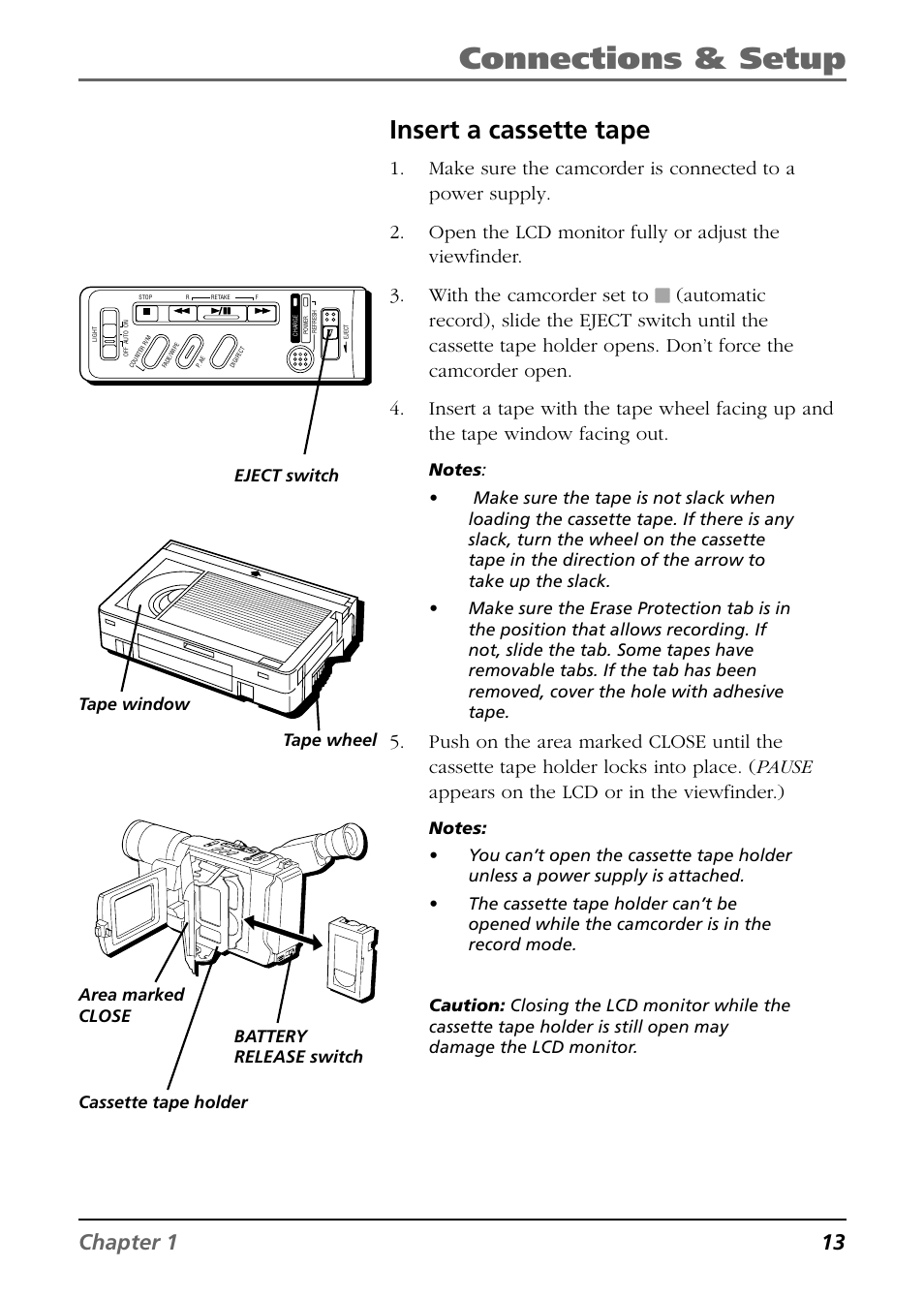 Insert a cassette tape, Connections & setup, Chapter 1 13 | RCA CC6364/CC6374 User Manual | Page 15 / 104