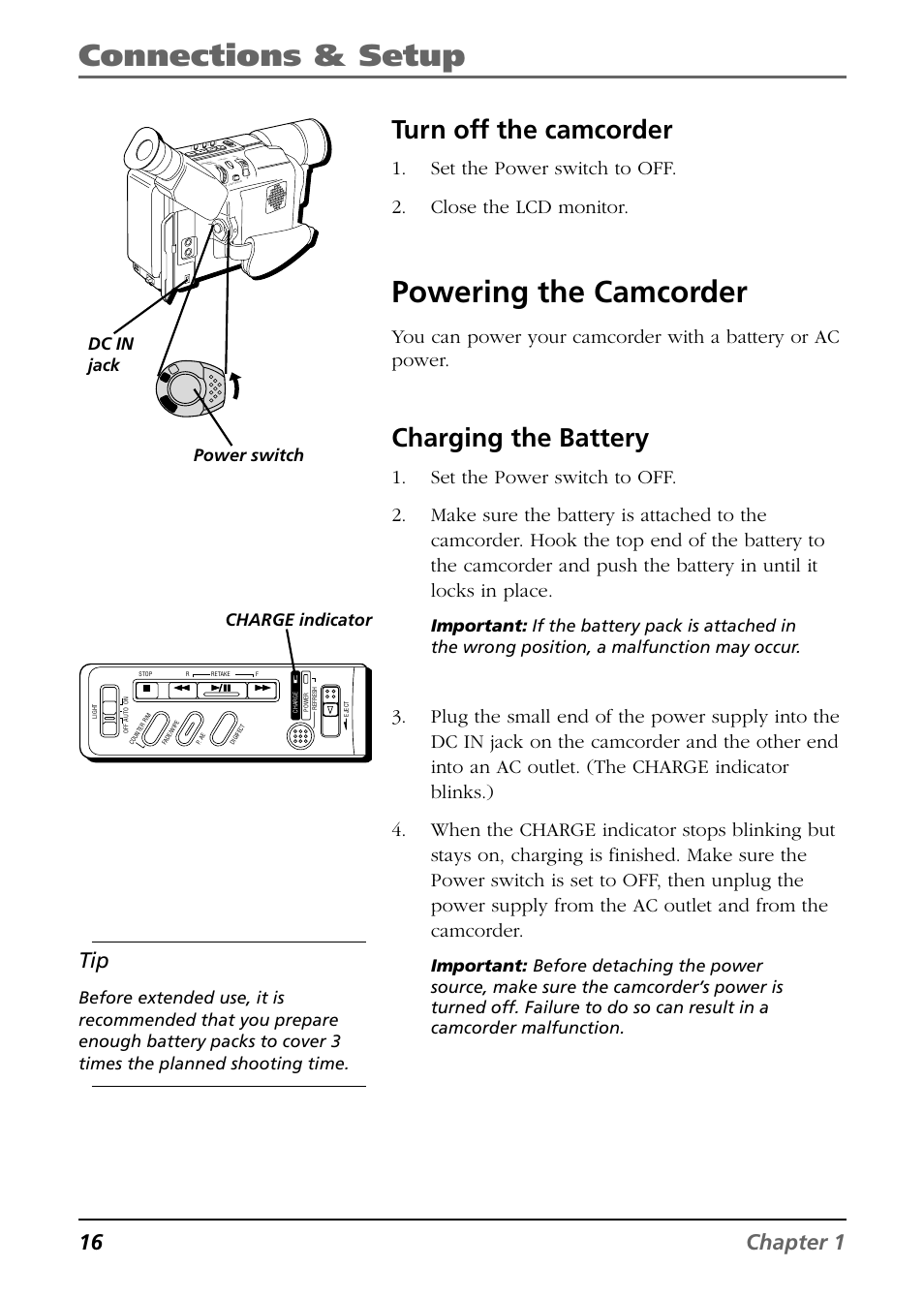 Turn off the camcorder, Powering the camcorder, Charging the battery | Connections & setup, 16 chapter 1, Charge indicator | RCA CC6364/CC6374 User Manual | Page 18 / 104