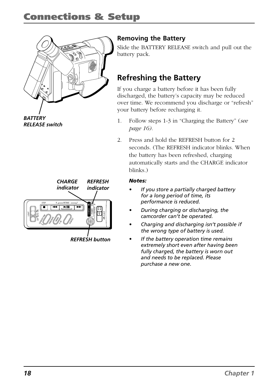 Refreshing the battery, Connections & setup, 18 chapter 1 | Removing the battery, Charge indicator refresh button refresh indicator, Battery release switch | RCA CC6364/CC6374 User Manual | Page 20 / 104