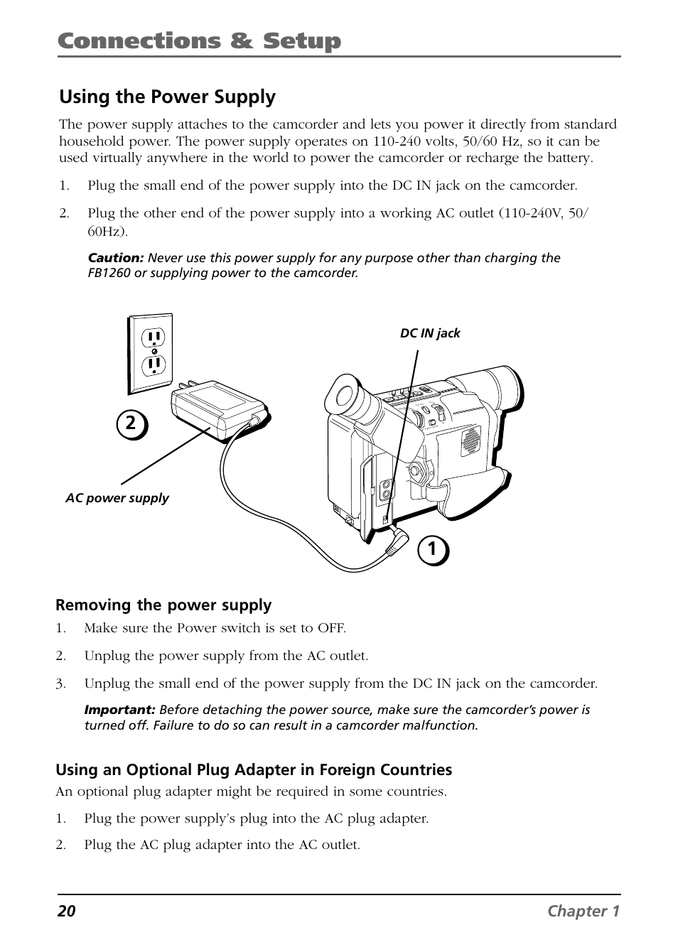 Using the power supply, Connections & setup, 20 chapter 1 | Removing the power supply, Dc in jack ac power supply | RCA CC6364/CC6374 User Manual | Page 22 / 104