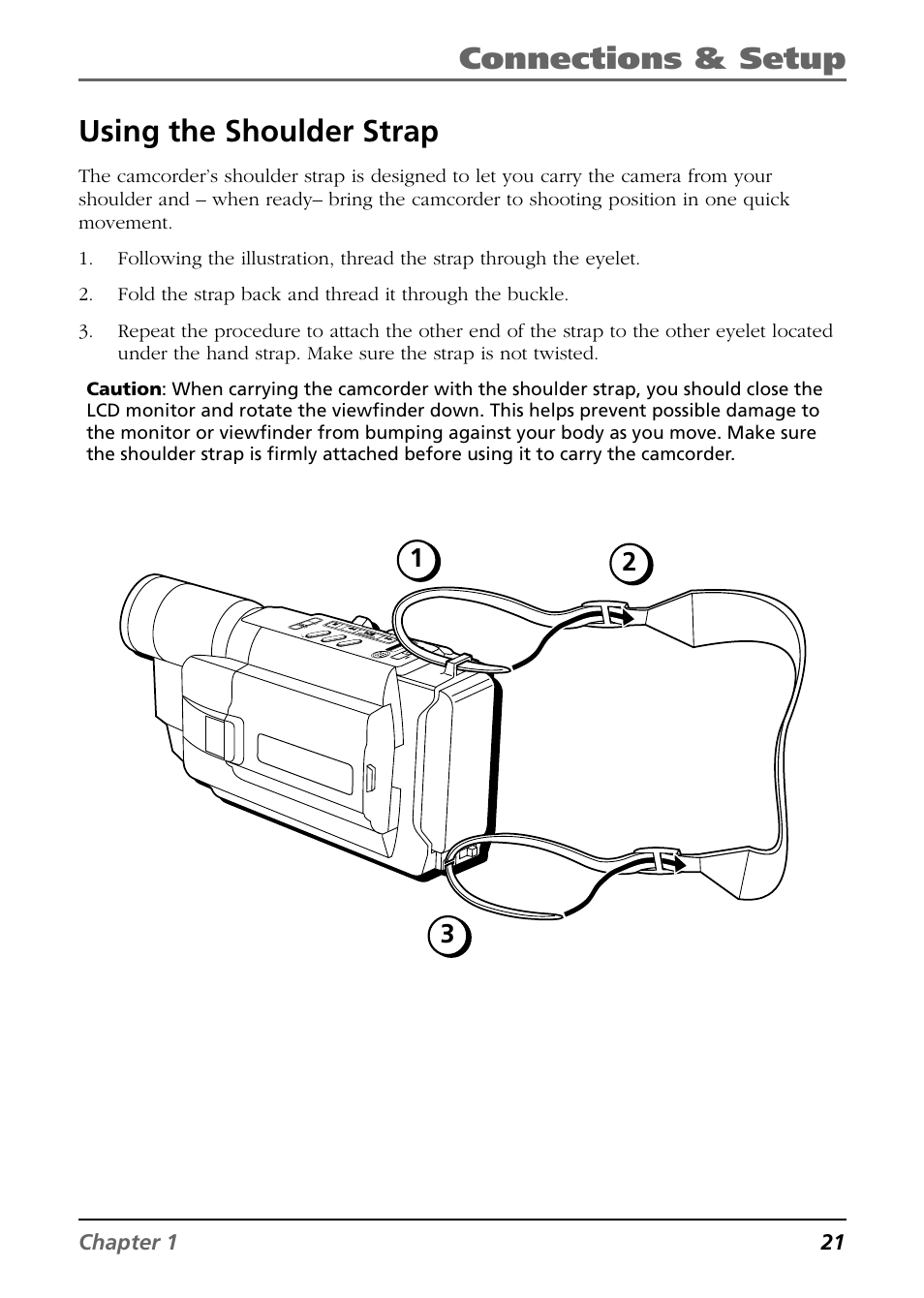Using the shoulder strap, Connections & setup, Chapter 1 21 | RCA CC6364/CC6374 User Manual | Page 23 / 104