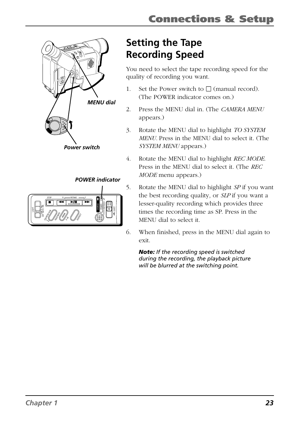 Setting the tape recording speed, Connections & setup, Chapter 1 23 | Menu dial, Power indicator | RCA CC6364/CC6374 User Manual | Page 25 / 104