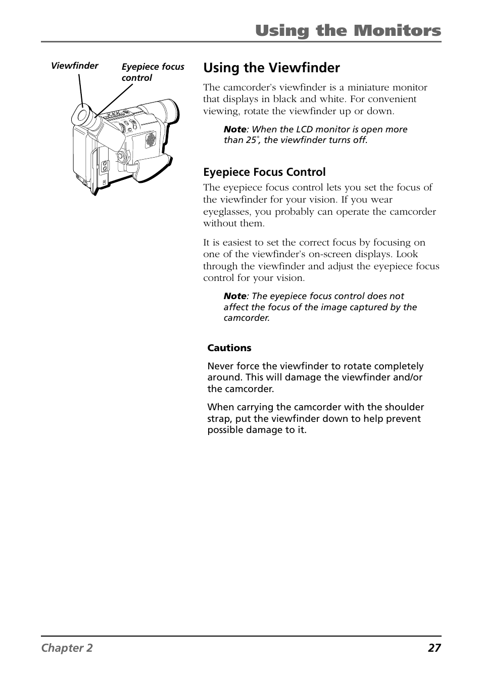 Using the viewfinder, Using the monitors, Chapter 2 27 | Eyepiece focus control, Viewfinder eyepiece focus control | RCA CC6364/CC6374 User Manual | Page 29 / 104