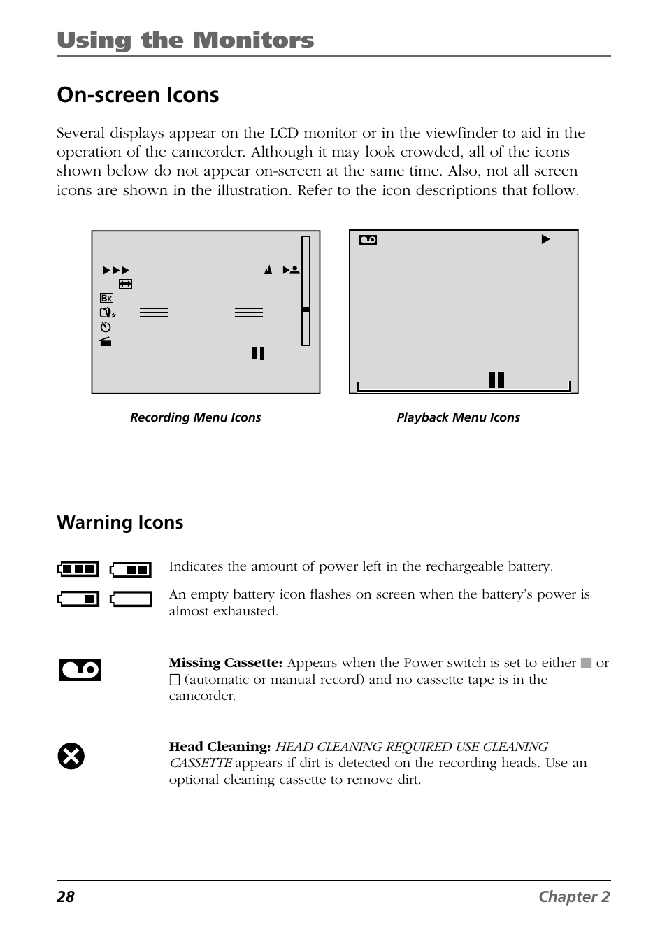 On-screen icons, Warning icons, Using the monitors | RCA CC6364/CC6374 User Manual | Page 30 / 104