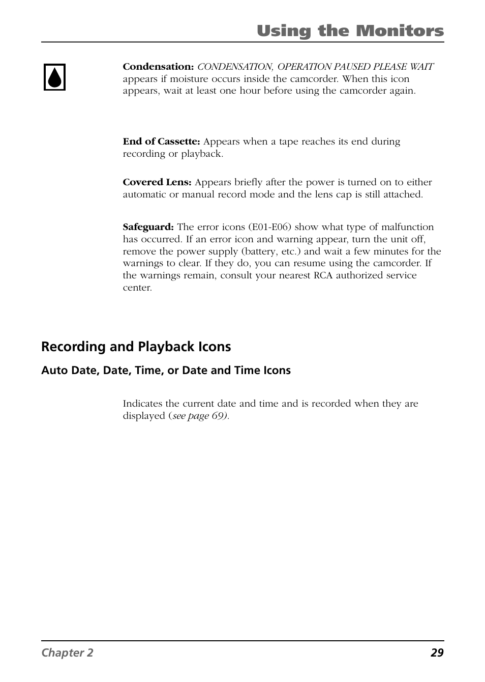 Recording and playback icons, Using the monitors | RCA CC6364/CC6374 User Manual | Page 31 / 104
