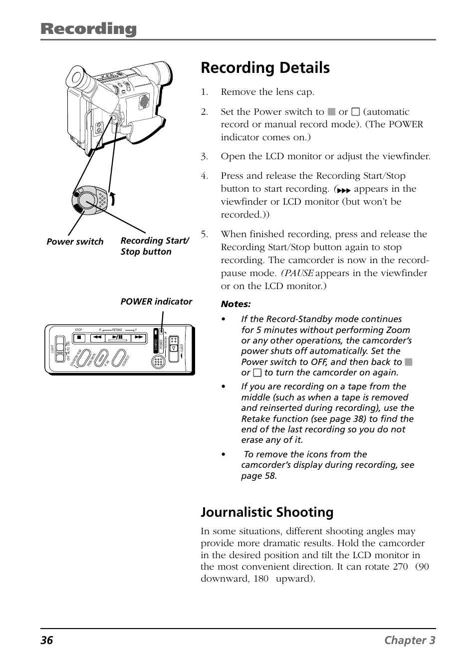 Recording details, Journalistic shooting, Recording | 36 chapter 3, Remove the lens cap. 2. set the power switch to, Power indicator power switch, Recording start/ stop button | RCA CC6364/CC6374 User Manual | Page 38 / 104