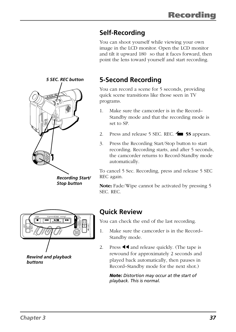 Self-recording, Second recording, Quick review | Self-recording 5-second recording quick review, Recording, Chapter 3 37, Rewind and playback buttons, Recording start/ stop button 5 sec. rec button | RCA CC6364/CC6374 User Manual | Page 39 / 104