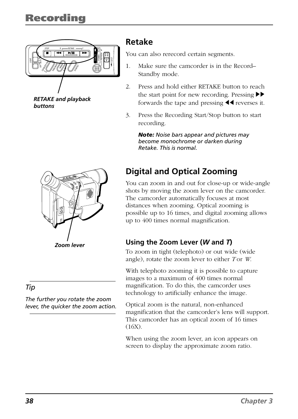 Retake, Digital and optical zooming, Retake digital and optical zooming | Recording, 38 chapter 3, Using the zoom lever ( w and t ), Zoom lever, Retake and playback buttons | RCA CC6364/CC6374 User Manual | Page 40 / 104