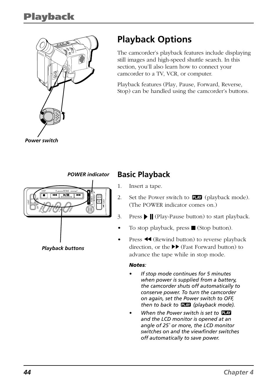 Playback options, Basic playback, Playback | 44 chapter 4, Power indicator power switch, Playback buttons | RCA CC6364/CC6374 User Manual | Page 46 / 104
