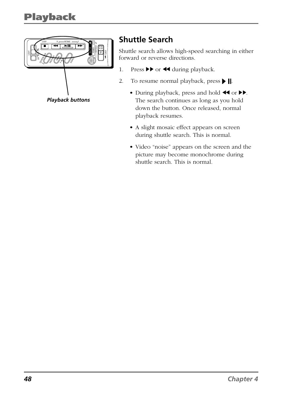 Shuttle search, Playback, 48 chapter 4 | RCA CC6364/CC6374 User Manual | Page 50 / 104