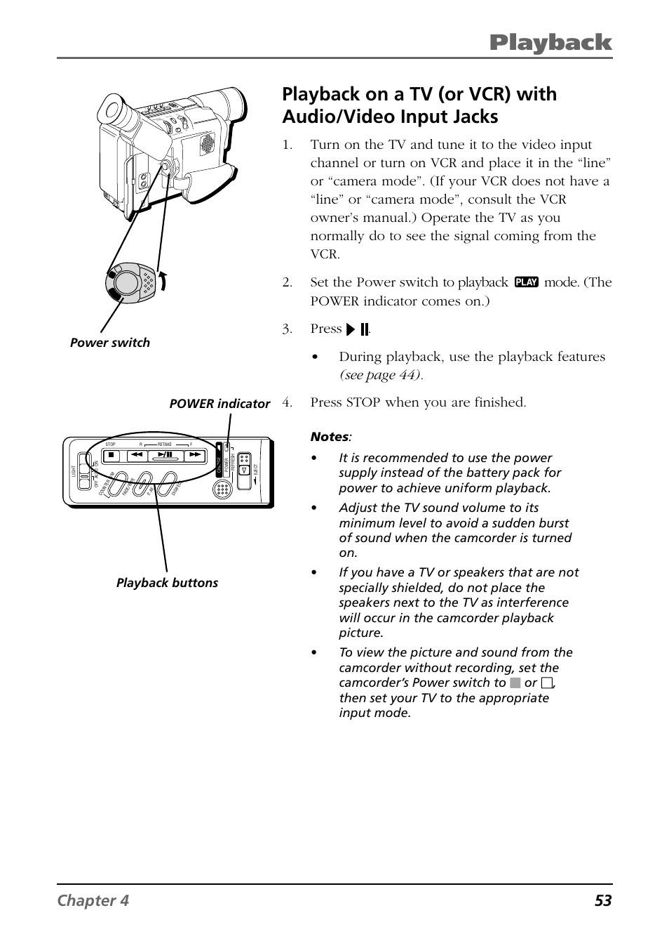 Tape dubbing, Playback, Chapter 4 53 | Playback buttons power indicator | RCA CC6364/CC6374 User Manual | Page 55 / 104