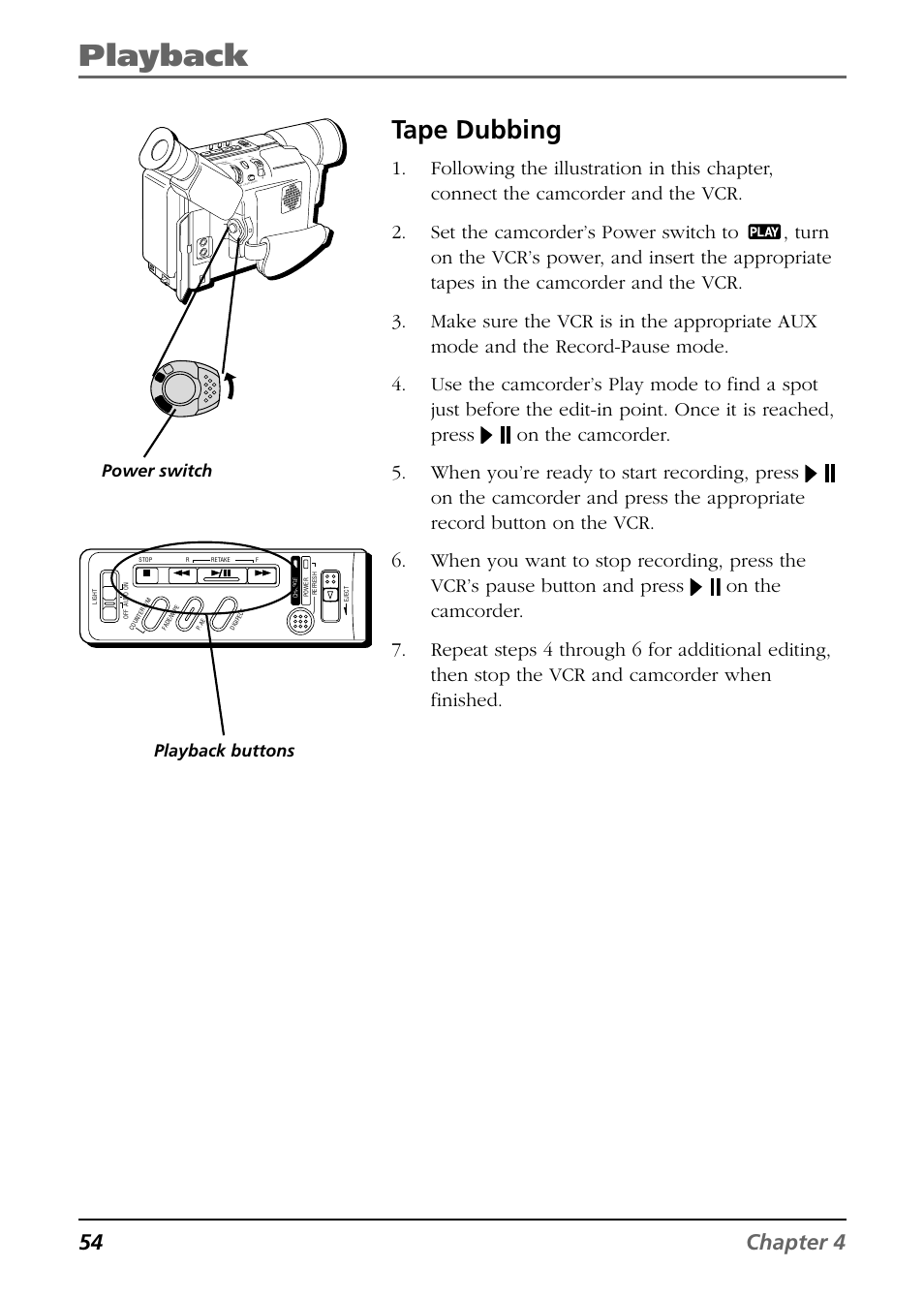 Tape dubbing, Playback, 54 chapter 4 | Playback buttons power switch | RCA CC6364/CC6374 User Manual | Page 56 / 104