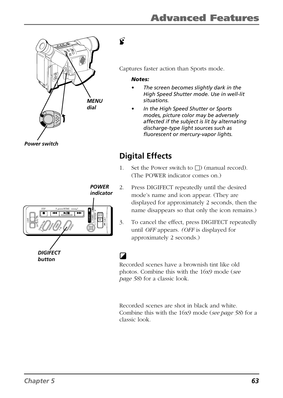 Digital effects, Advanced features, Sepia | B/w monotone, Chapter 5 63, Captures faster action than sports mode, Set the power switch to, Power indicator power switch, Menu dial digifect button | RCA CC6364/CC6374 User Manual | Page 65 / 104