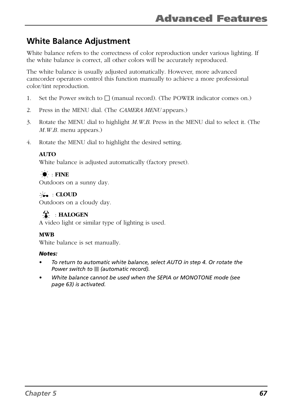 White balance adjustment, Advanced features | RCA CC6364/CC6374 User Manual | Page 69 / 104