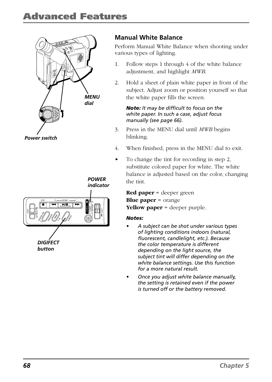 Date/time insert, Advanced features, 68 chapter 5 manual white balance | Power indicator power switch, Menu dial digifect button | RCA CC6364/CC6374 User Manual | Page 70 / 104