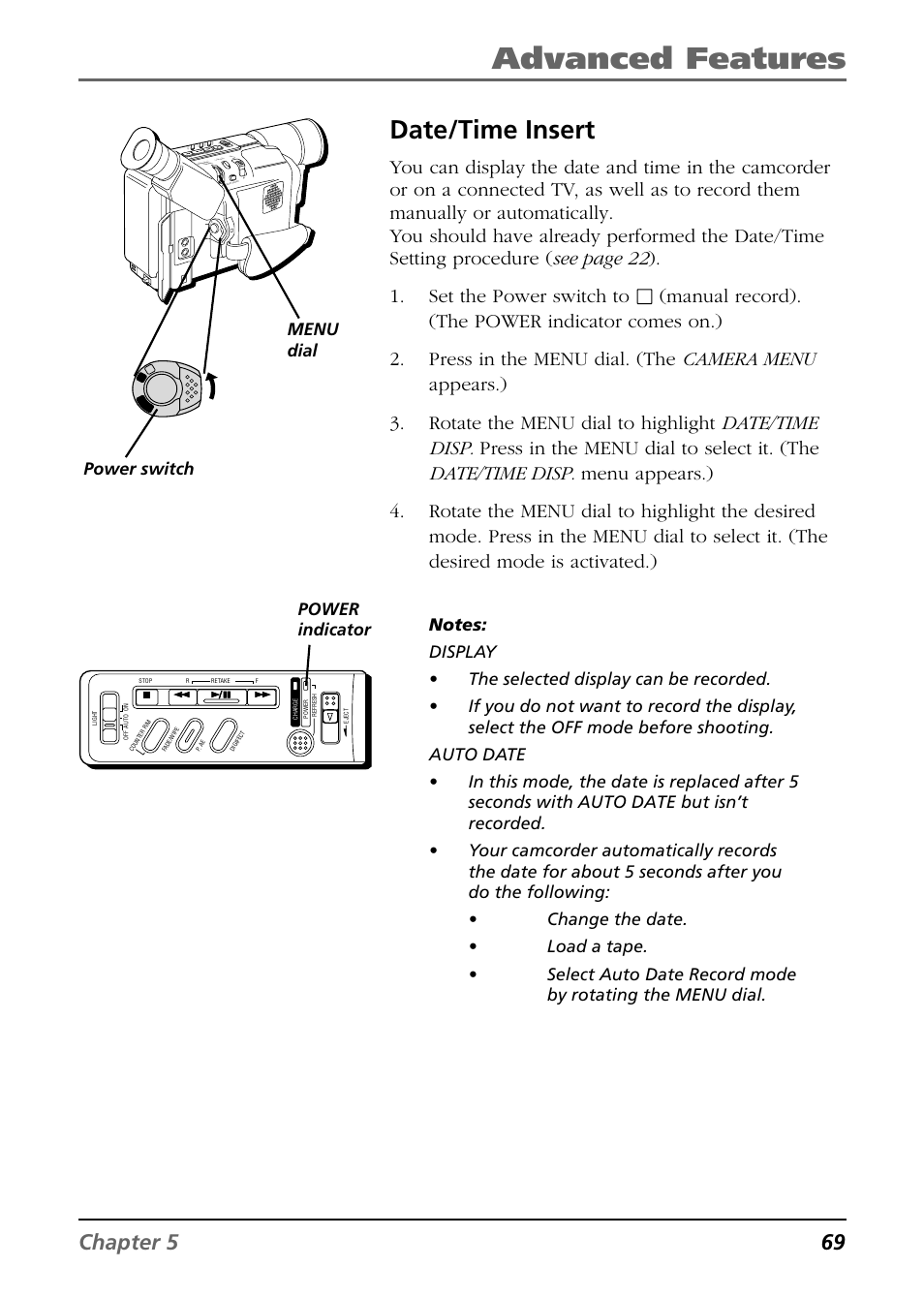 Date/time insert, Instant titles, Advanced features | Chapter 5 69, Power indicator power switch, Menu dial | RCA CC6364/CC6374 User Manual | Page 71 / 104