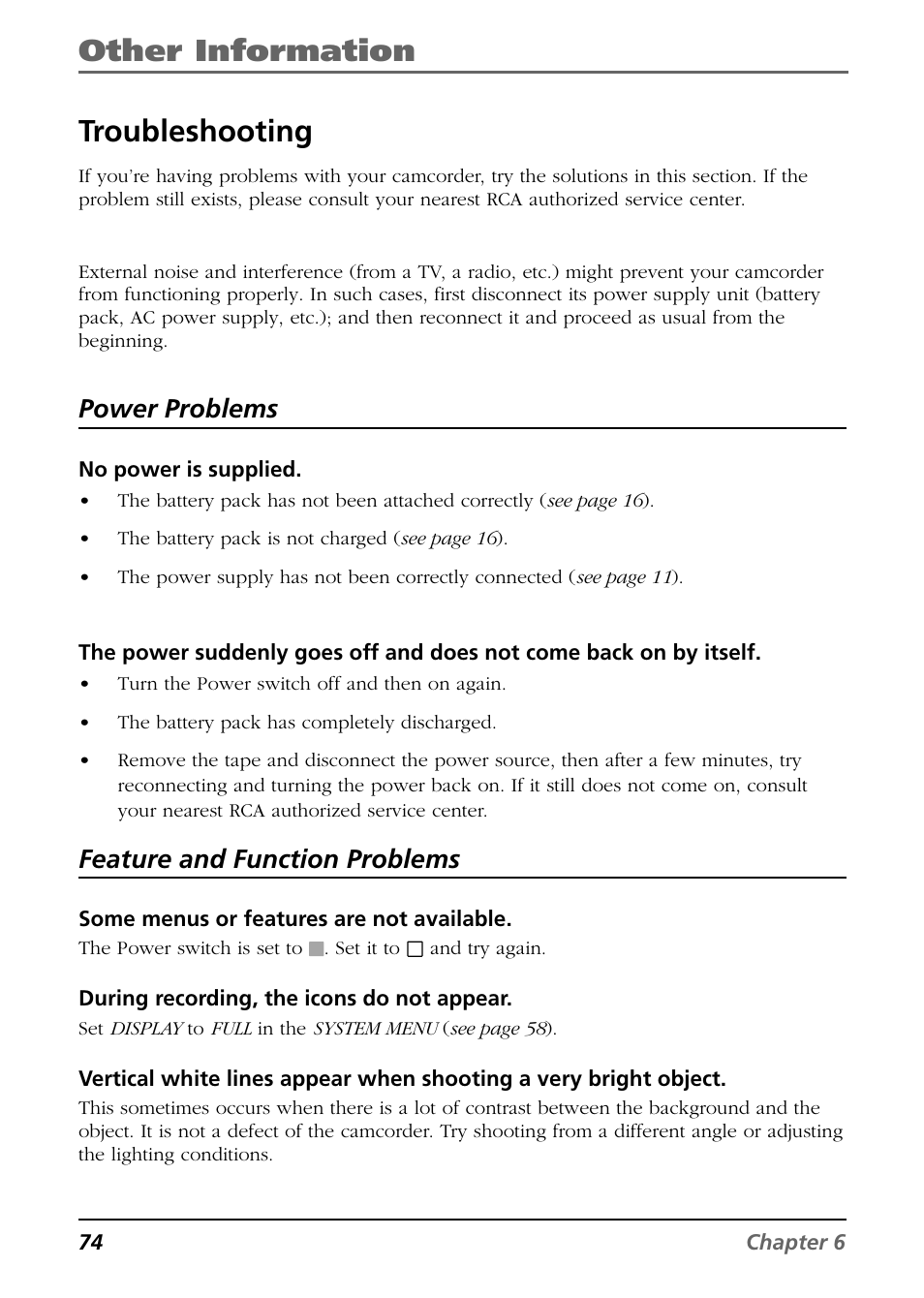 Troubleshooting, Other information, Power problems | Feature and function problems | RCA CC6364/CC6374 User Manual | Page 76 / 104