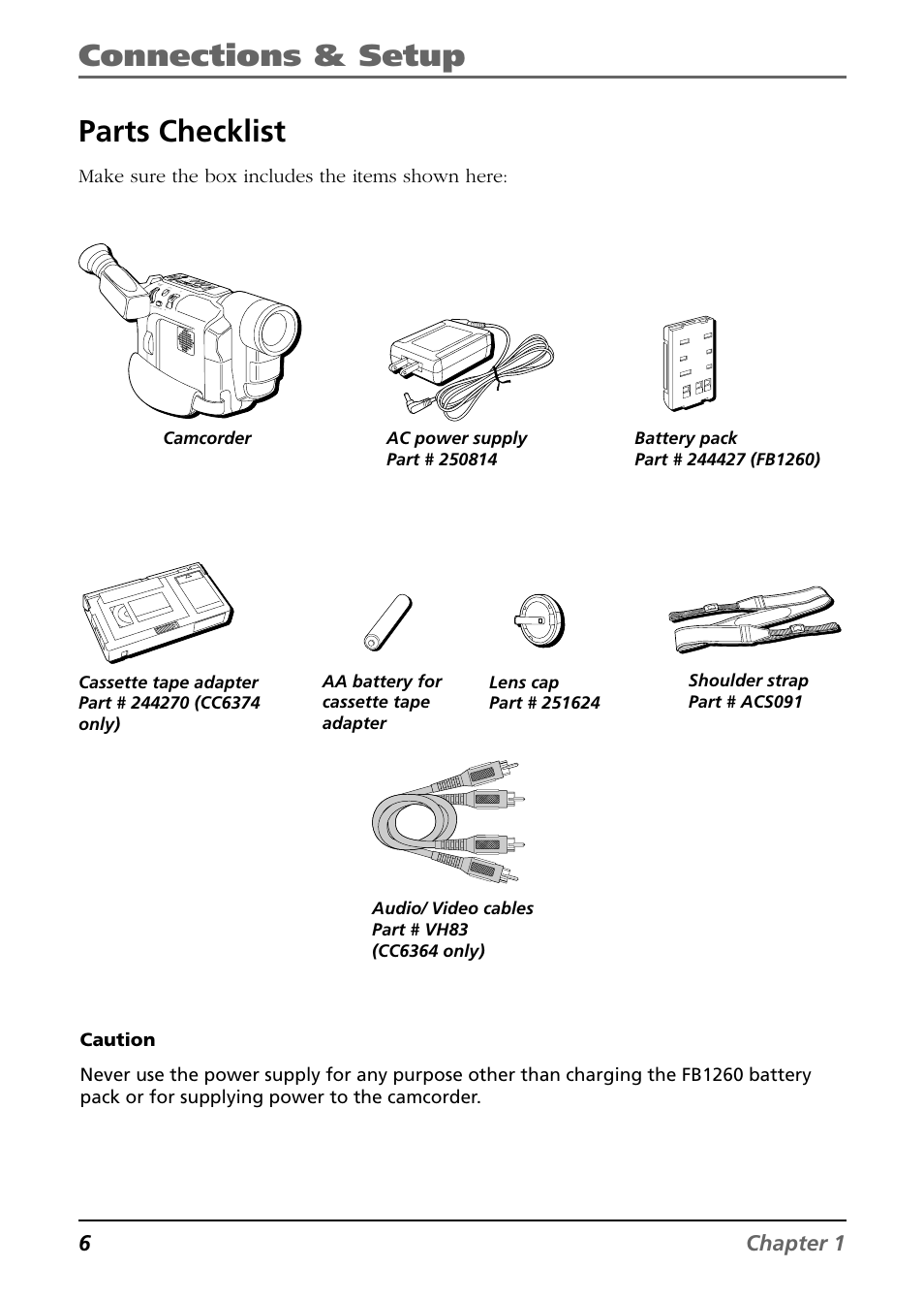 Parts checklist, Connections & setup, 6chapter 1 | Make sure the box includes the items shown here | RCA CC6364/CC6374 User Manual | Page 8 / 104