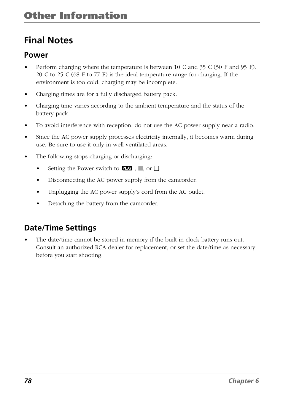 Final notes, Power, Date/time settings | Power date/time settings, Other information | RCA CC6364/CC6374 User Manual | Page 80 / 104