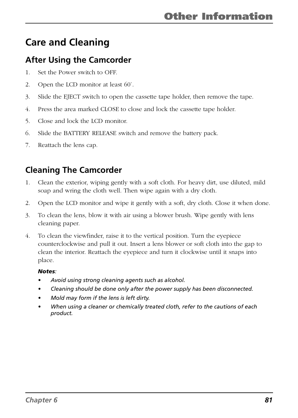 Care and cleaning, After using the camcorder, Cleaning the camcorder | Care and maintenance, After using the camcorder cleaning the camcorder, Proper care and storage, Other information, Care and cleaning care and maintenance | RCA CC6364/CC6374 User Manual | Page 83 / 104