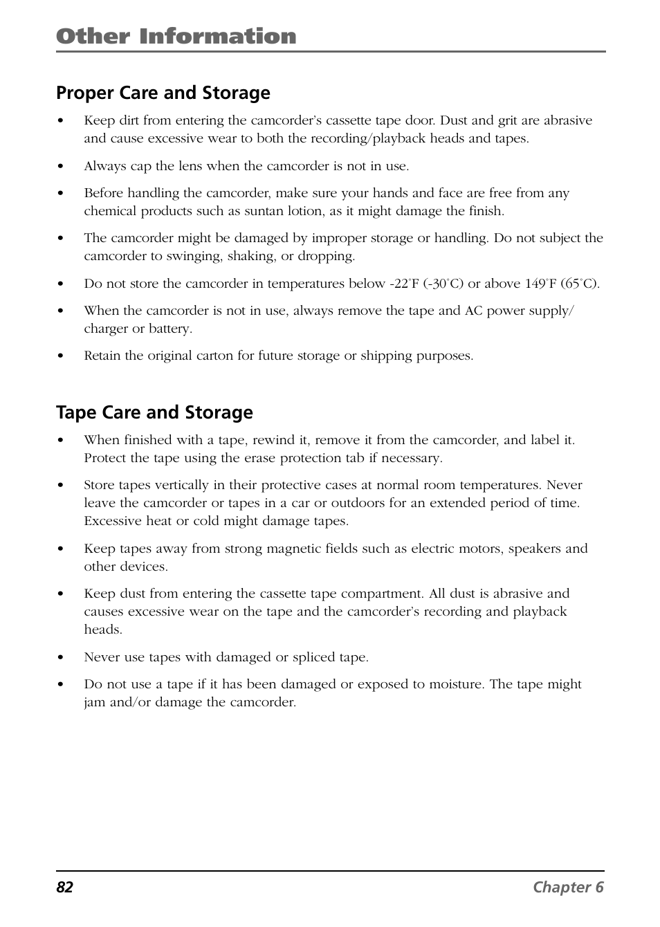Proper care and storage, Tape care and storage, Tape care and storage things to avoid | Other information | RCA CC6364/CC6374 User Manual | Page 84 / 104