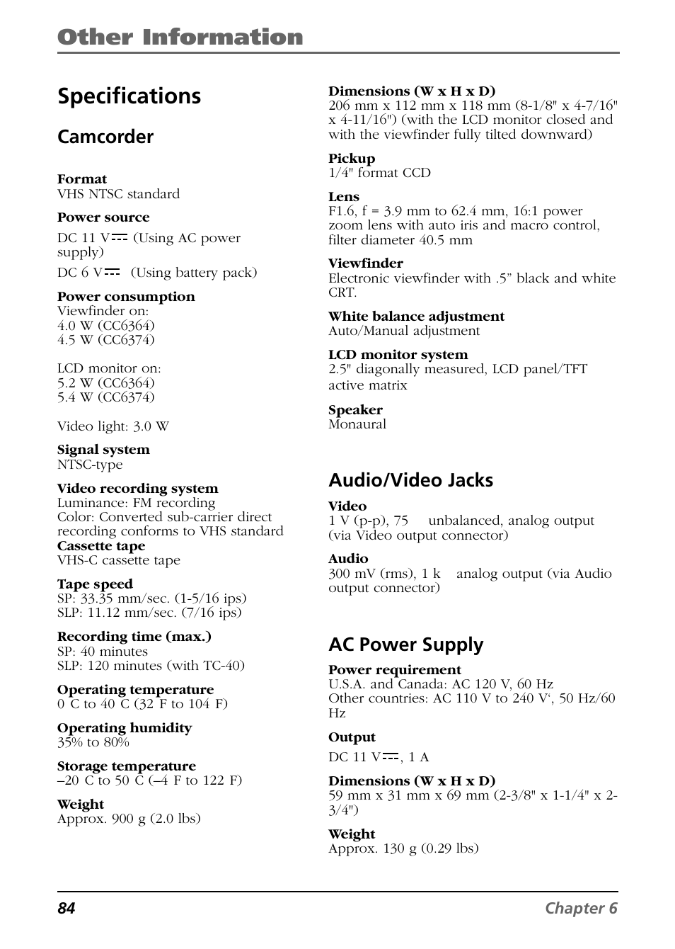 Specifications, Other information, Camcorder | Audio/video jacks, Ac power supply | RCA CC6364/CC6374 User Manual | Page 86 / 104