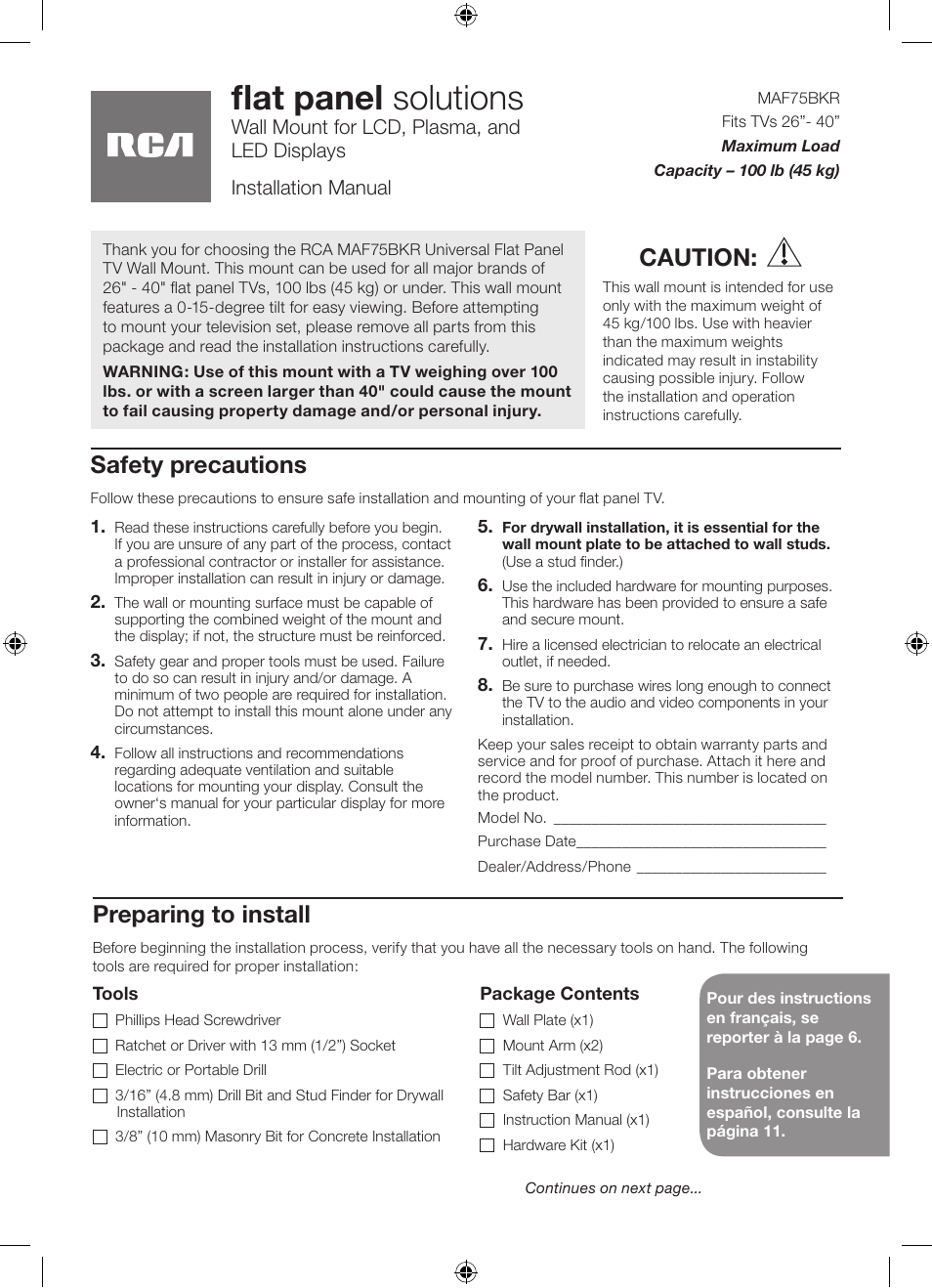 RCA MAF75BKR User Manual | 6 pages