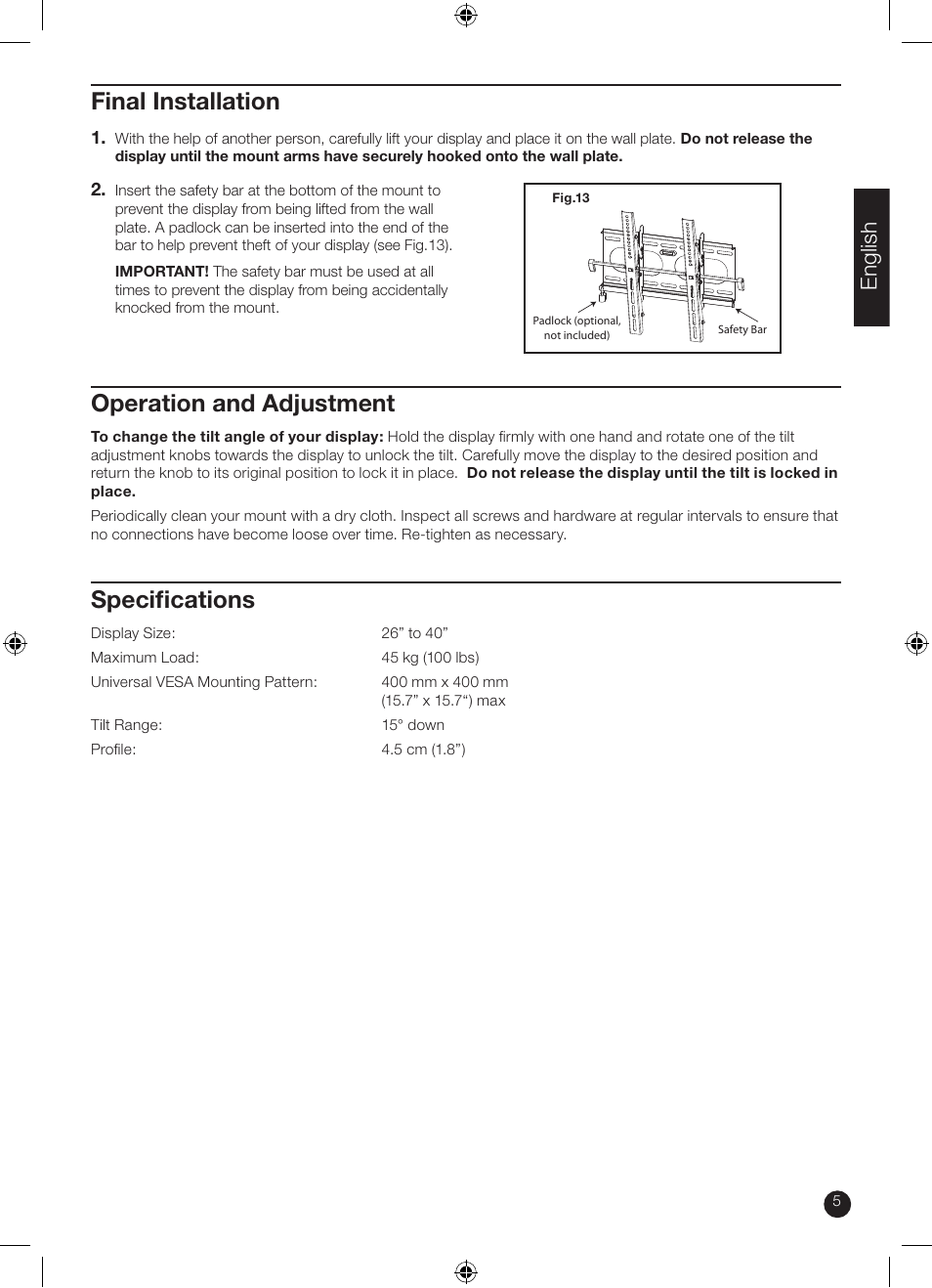 Specifi cations, Operation and adjustment, Final installation | English | RCA MAF75BKR User Manual | Page 5 / 6