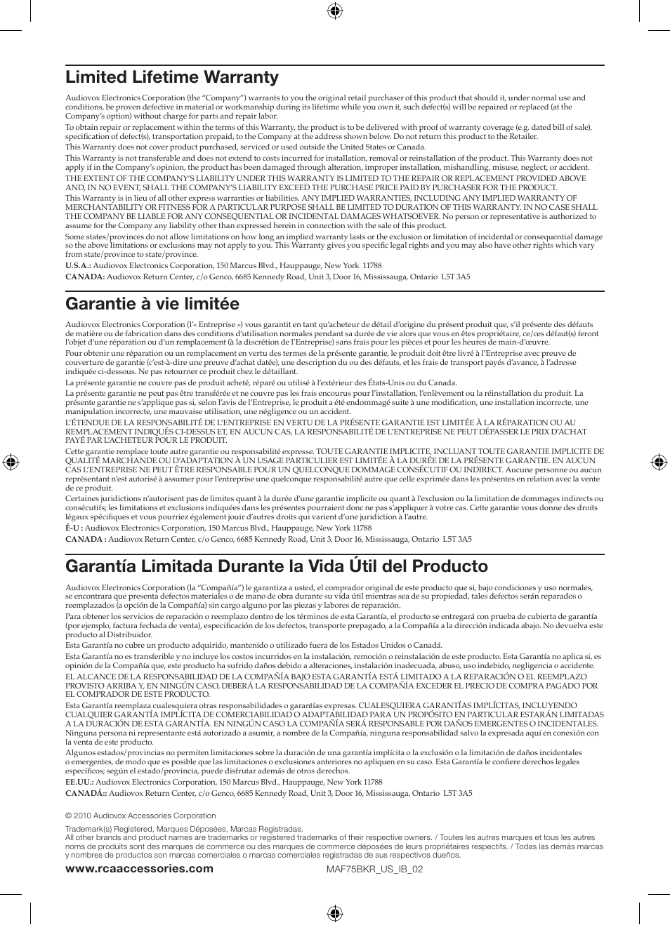 Limited lifetime warranty, Garantie à vie limitée | RCA MAF75BKR User Manual | Page 6 / 6