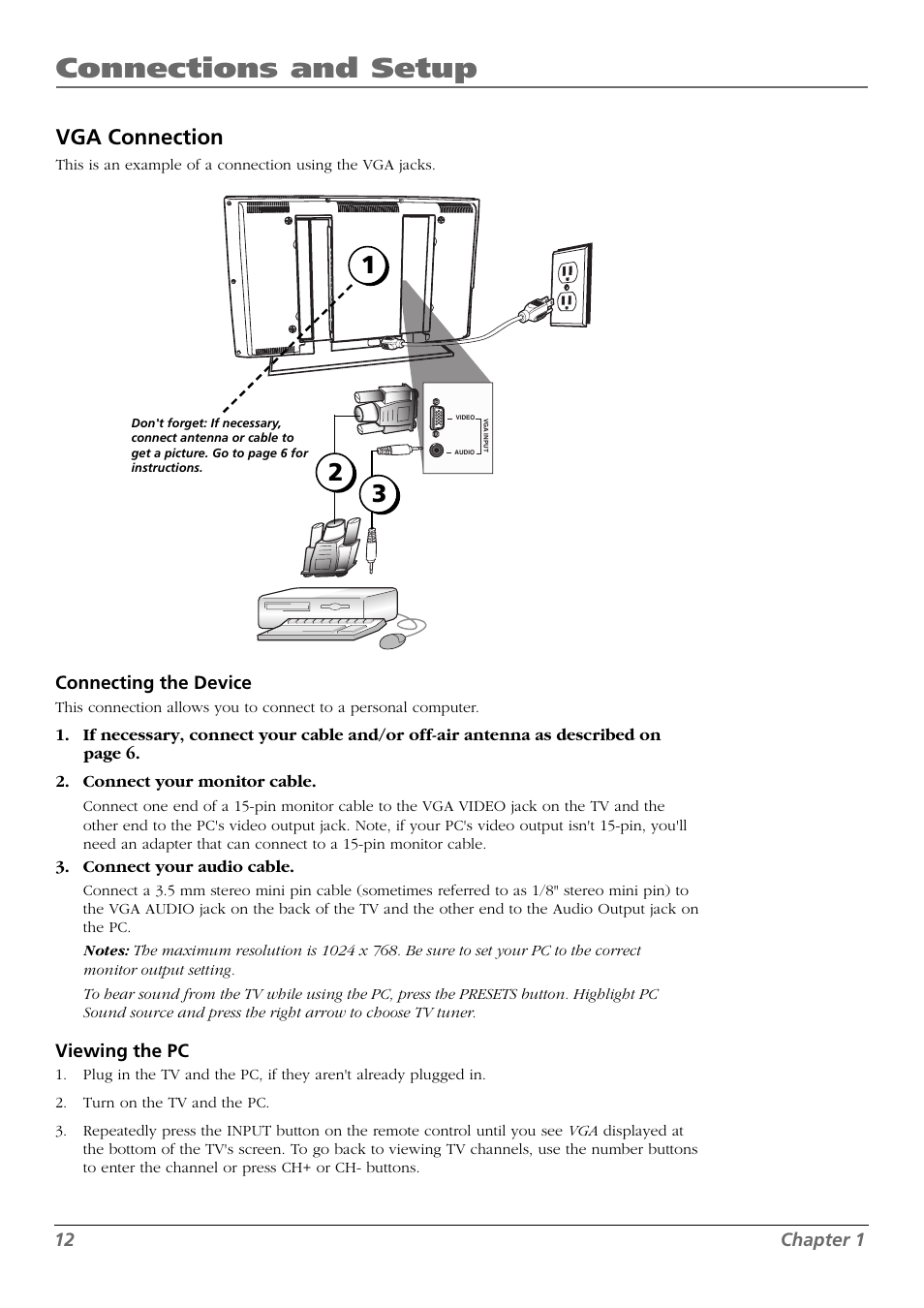 Connections and setup, Vga connection | RCA L42FHD28 User Manual | Page 12 / 48