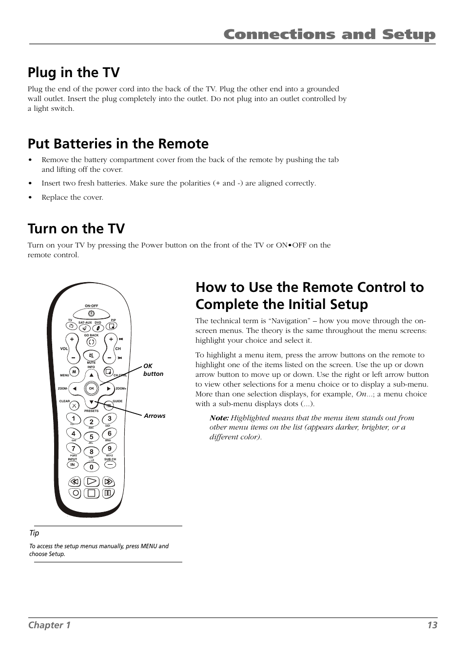 Connections and setup, Plug in the tv, Put batteries in the remote | Turn on the tv, Chapter 1 13 | RCA L42FHD28 User Manual | Page 13 / 48