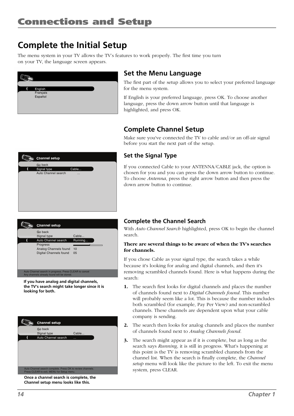 Connections and setup, Complete the initial setup, Set the menu language | Complete channel setup, 14 chapter 1, Set the signal type, Complete the channel search | RCA L42FHD28 User Manual | Page 14 / 48
