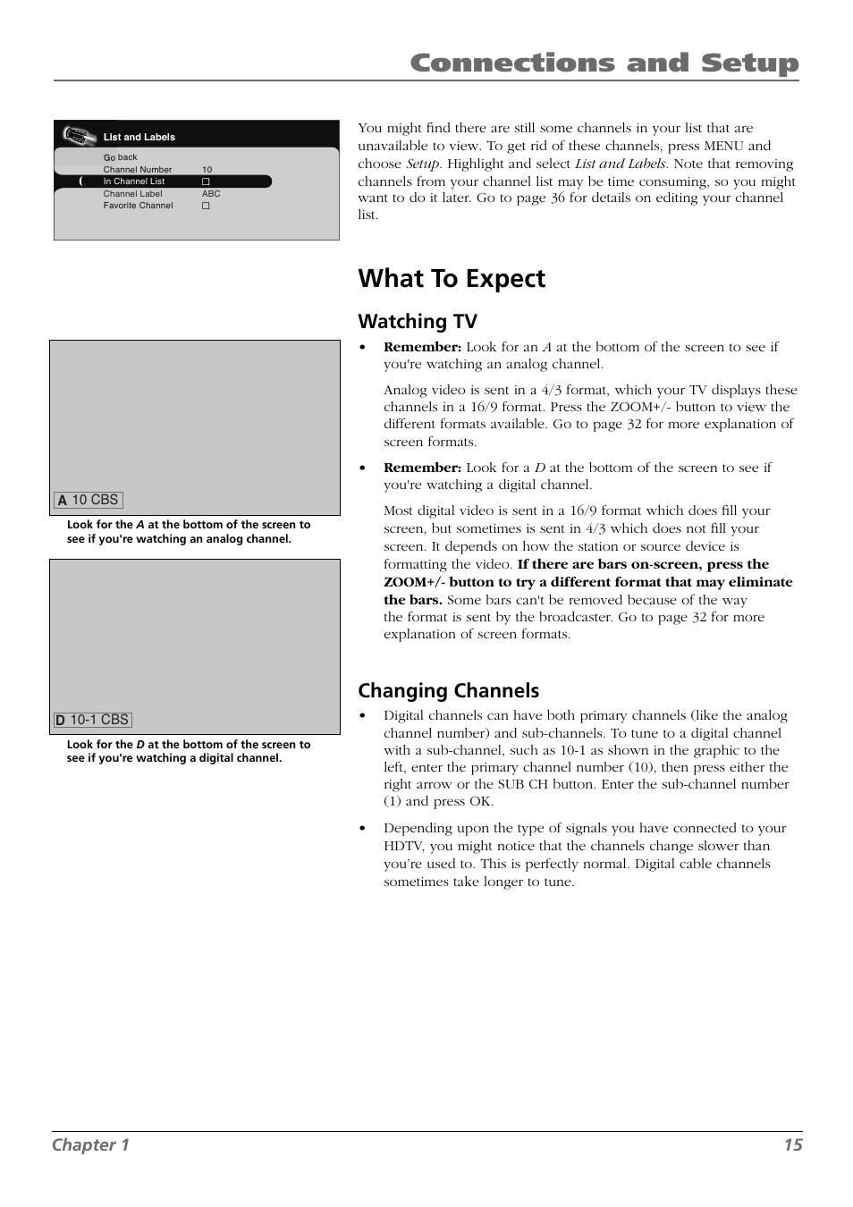 Connections and setup, What to expect, Watching tv | Changing channels, Chapter 1 15 | RCA L42FHD28 User Manual | Page 15 / 48