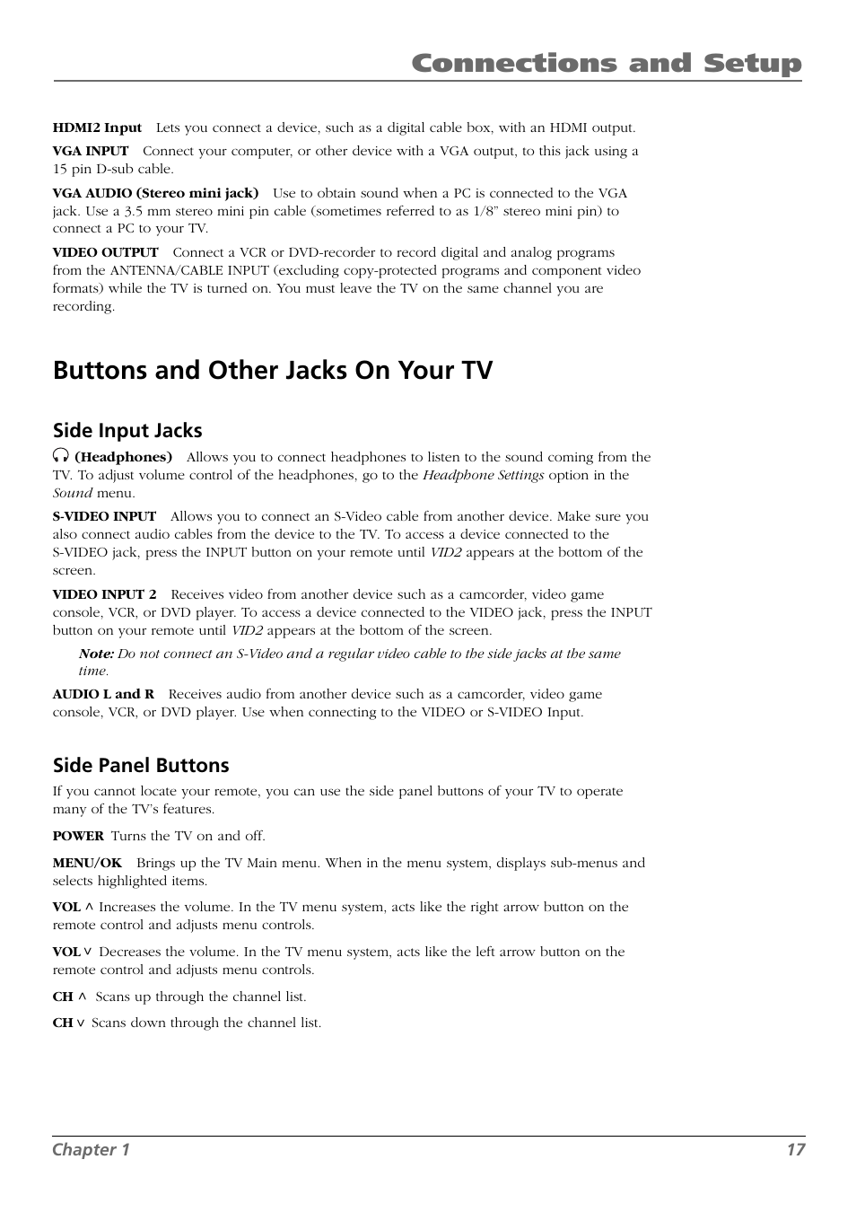 Connections and setup, Buttons and other jacks on your tv, Side input jacks | Side panel buttons | RCA L42FHD28 User Manual | Page 17 / 48