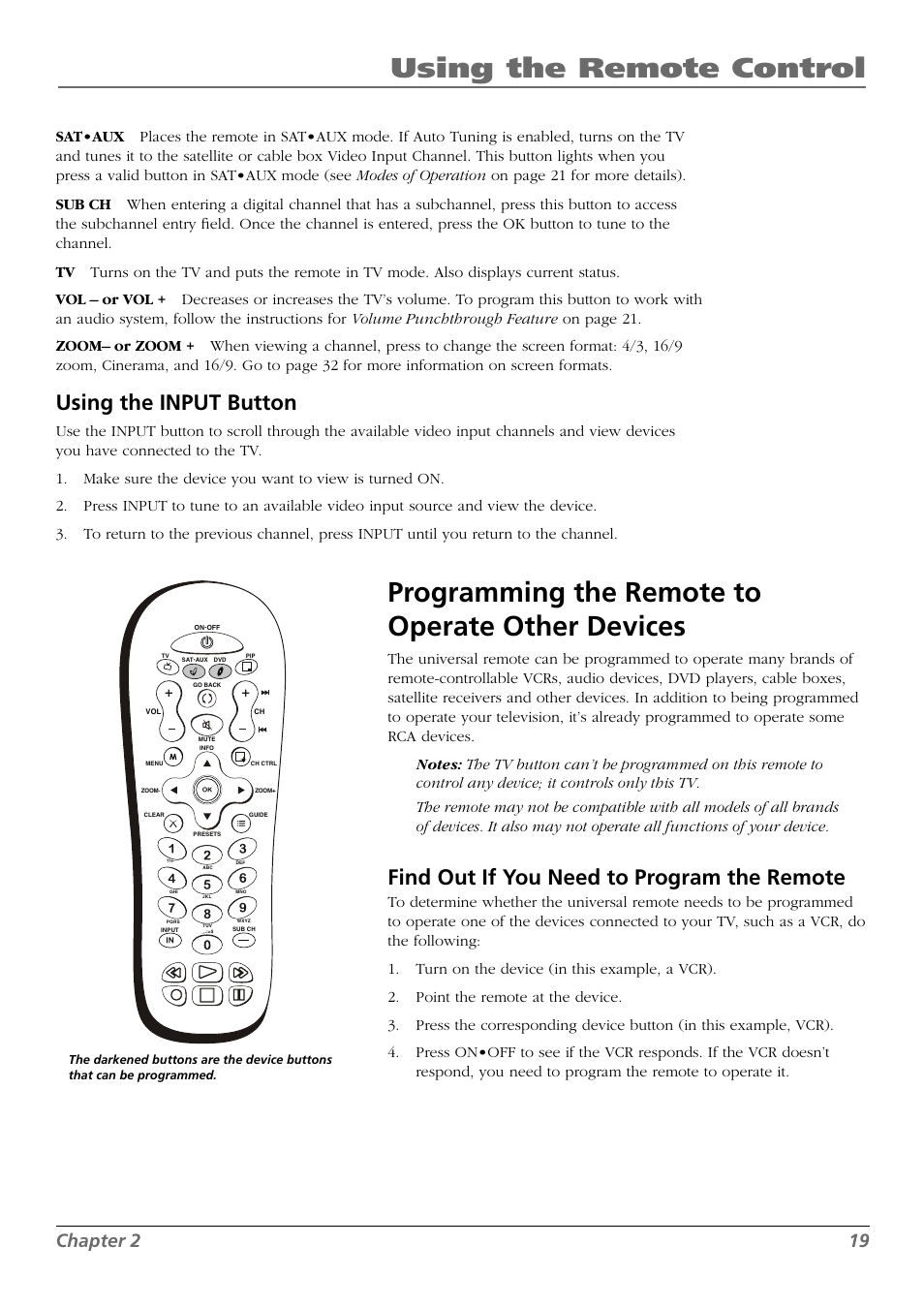 Using the remote control, Programming the remote to operate other devices, Using the input button | Find out if you need to program the remote, Chapter 2 19 | RCA L42FHD28 User Manual | Page 19 / 48
