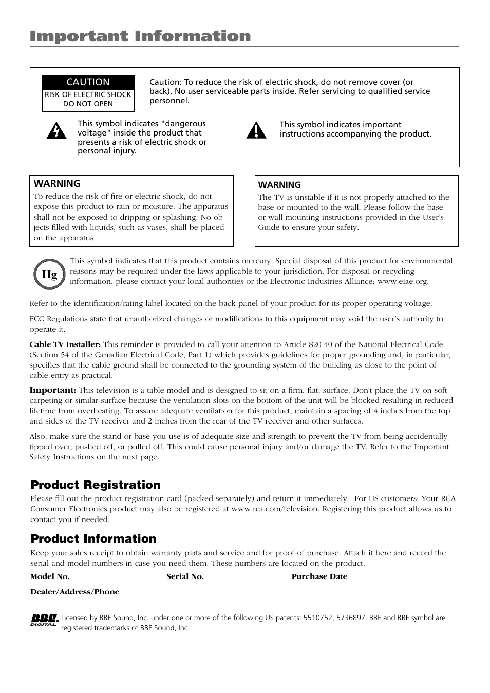 Important information, Product registration, Product information | RCA L42FHD28 User Manual | Page 2 / 48