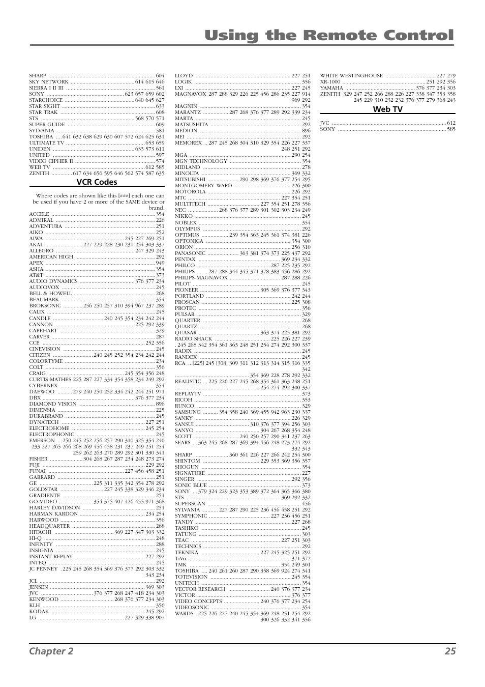 Using the remote control, Chapter 2 25, Vcr codes | Web tv | RCA L42FHD28 User Manual | Page 25 / 48