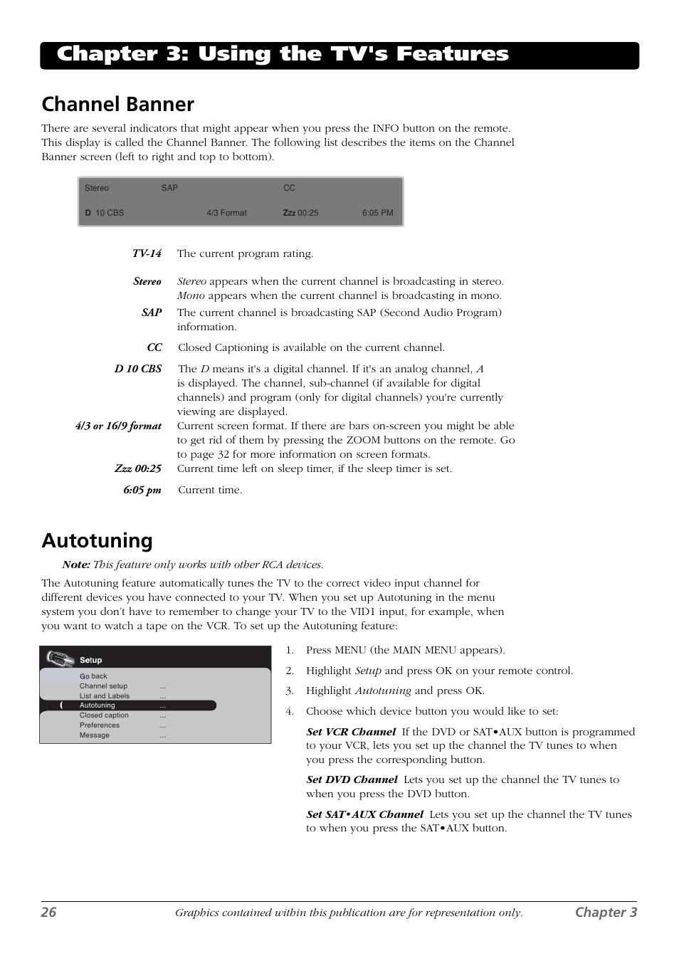 Chapter 3: using the tv's features channel banner, Autotuning, 26 chapter 3 | RCA L42FHD28 User Manual | Page 26 / 48