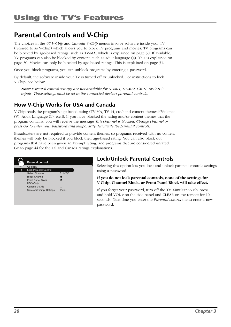 Using the tv’s features, Parental controls and v-chip, How v- chip works for usa and canada | Lock/unlock parental controls, 28 chapter 3 | RCA L42FHD28 User Manual | Page 28 / 48